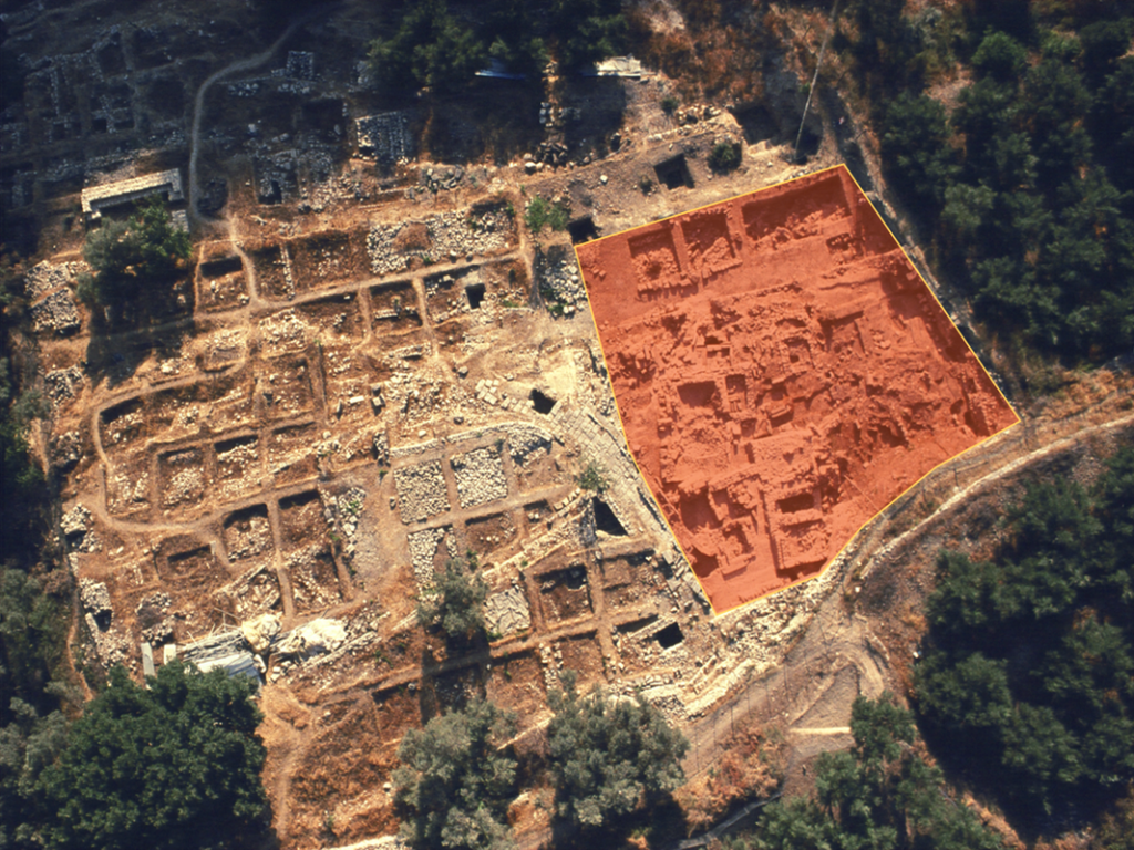 Aerial photo. Marked in red the Orthi Petra Cemetery
